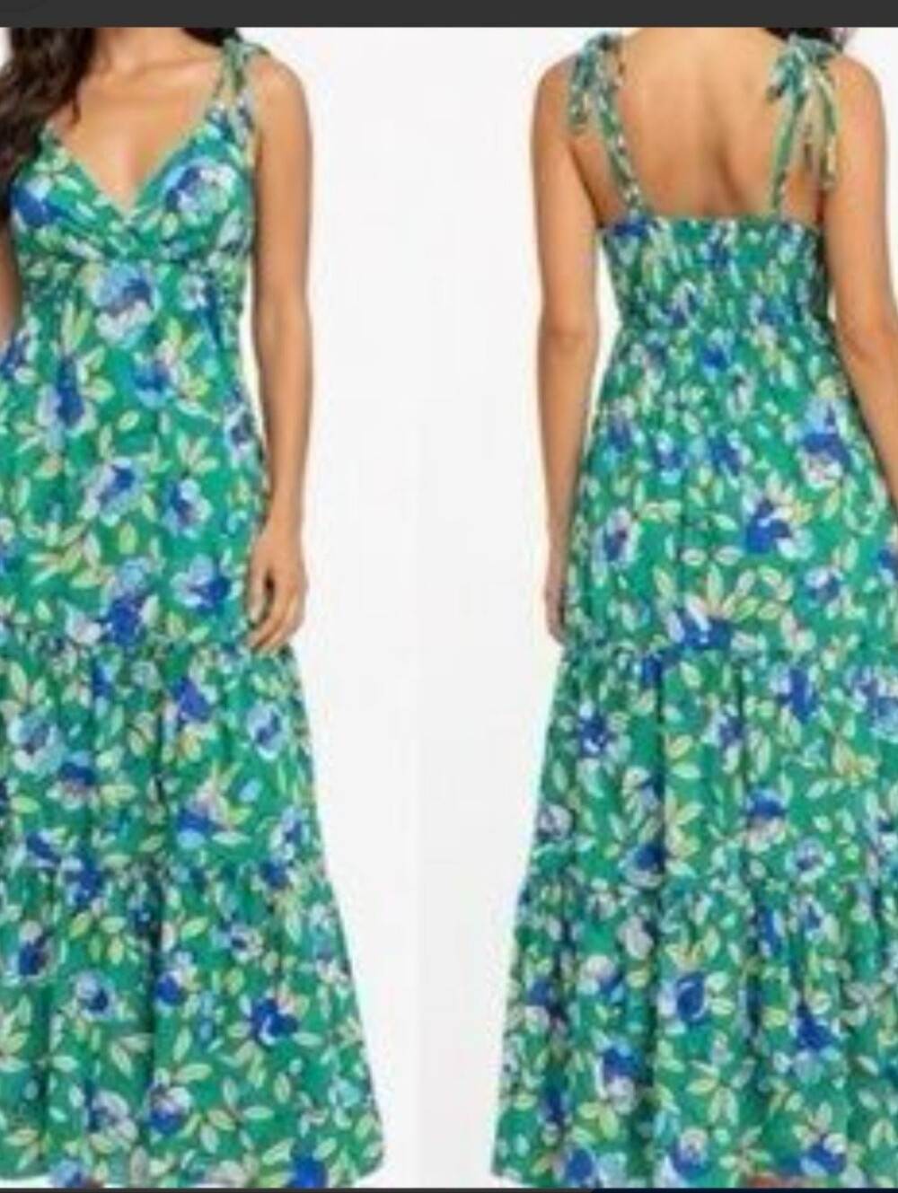 Monteau Green Floral Maxi Dress with Blue Accents Sz S